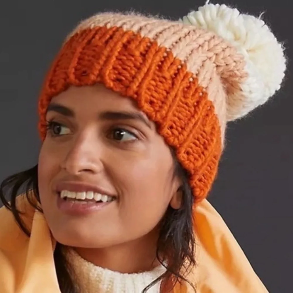 Anthropologie Colorblock Pom Beanie Orange Tan Cream Chunky Knit New with Tags!